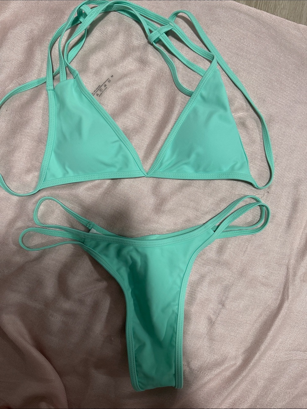 Women's Mint Green Triangle Strappy Thong Bikini - Medium